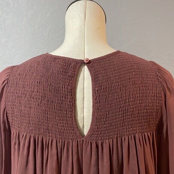 Wilfred Aritzia Babydoll Smocked Mini Dress size S Burgundy Crew Neck - Picture 10 of 13